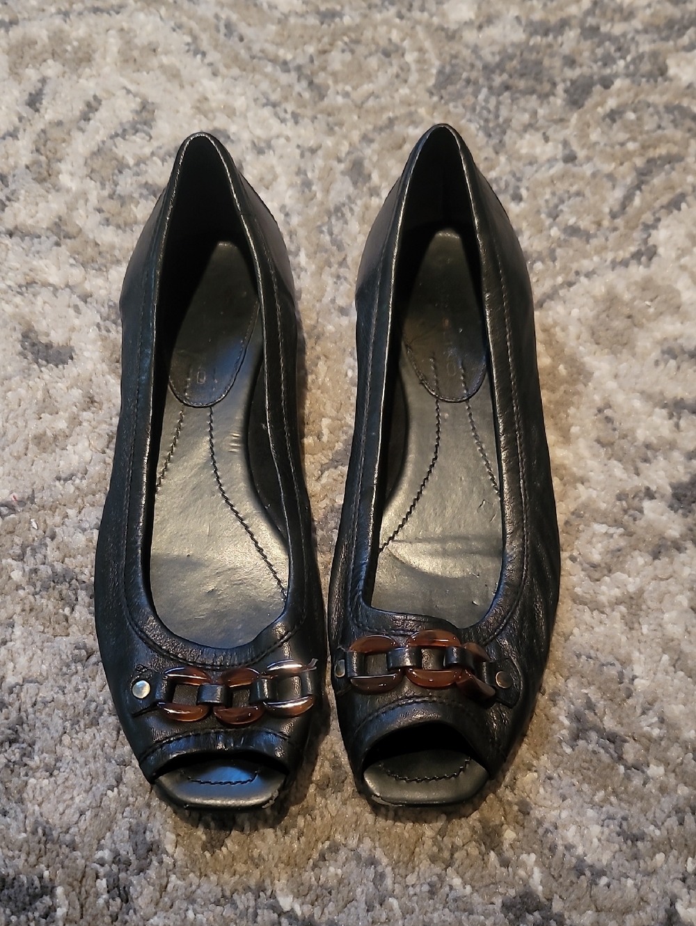 Bandolino Black Peep-Toe Flats with Brown Chain Accent